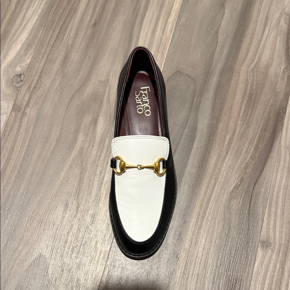 Franco Sarto Black and White Loafers with Gold Accent